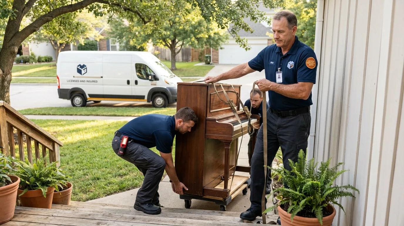 Licensed piano movers securing grand piano in Carnegie, PA