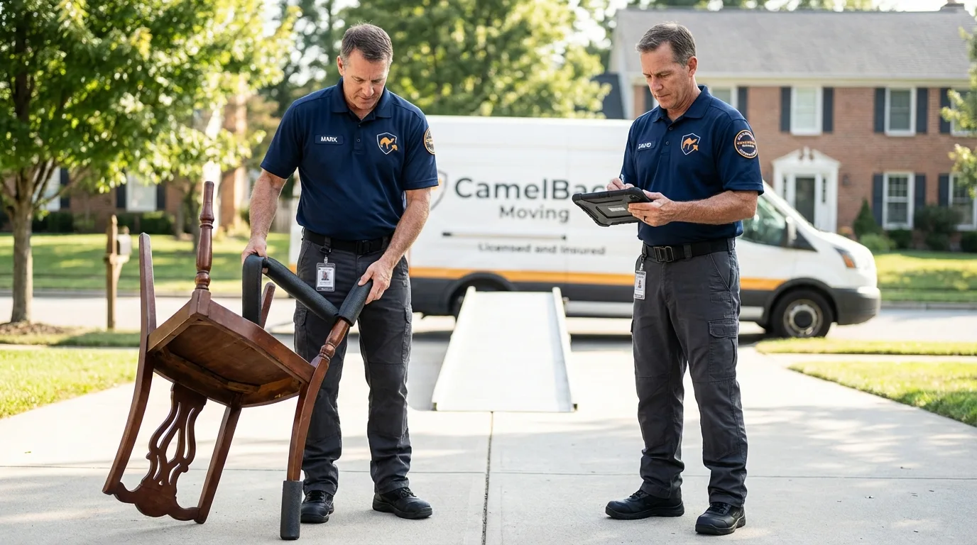 Movers inspecting furniture for damage prevention before loading in Carnegie, PA