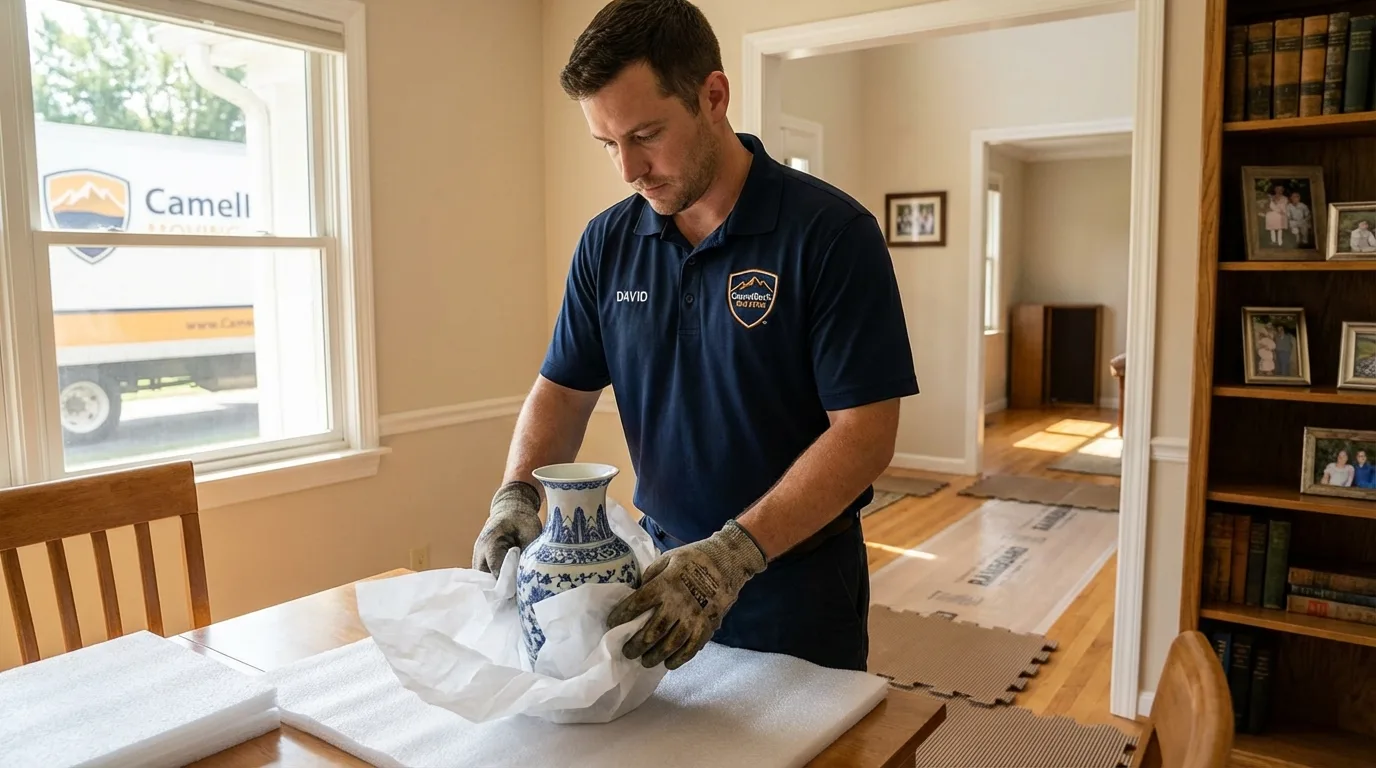 Professional crew carefully wrapping antique vase for senior downsizing move in Carnegie, PA